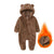 Brown baby onesie with bear ears and a close-up of the zipper area on fire.