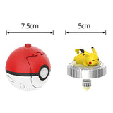 Red Poké Ball and Pikachu figure with measurements on a white background
