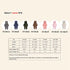 Children's onesie color chart with size and measurement details on a beige background