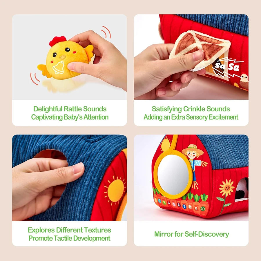 Collage of a baby toy with various features and text describing its functions.