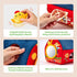 Collage of a baby toy with various features and text describing its functions.