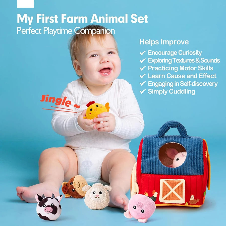 Baby holding a toy with farm animals and a playset on a blue background