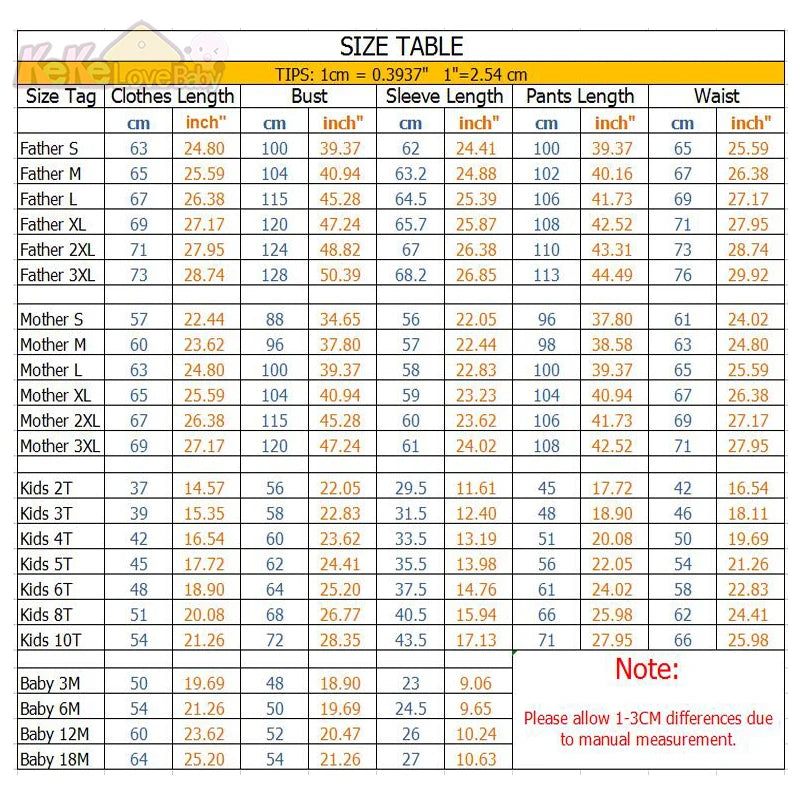 Size chart for clothes with measurements in centimeters and inches.