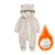 Baby onesie with bear ears and hood on a white background, with a flame graphic indicating flammability.