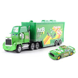 Green toy truck and car set with 'htB' branding on a white background