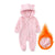 Pink baby snowsuit with bear ears and a close-up of the inner lining on a white background.