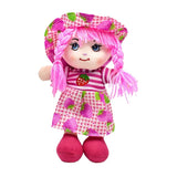 Plush toy with pink hair, striped dress, and checkered hat on a white background