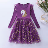 Girls' Long Sleeve Unicorn Princess Dress for 4–8 Year Olds