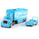 Toy truck and car set with blue color scheme on a white background