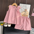 Pink children's outfit with a top and shorts on a hanger against a wooden wall.
