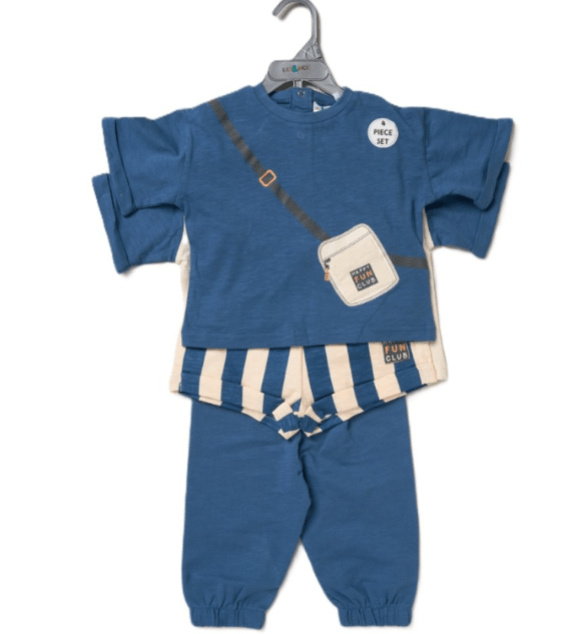 Children's blue outfit with a matching bag on a hanger against a white background