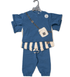 Children's blue outfit with a matching bag on a hanger against a white background
