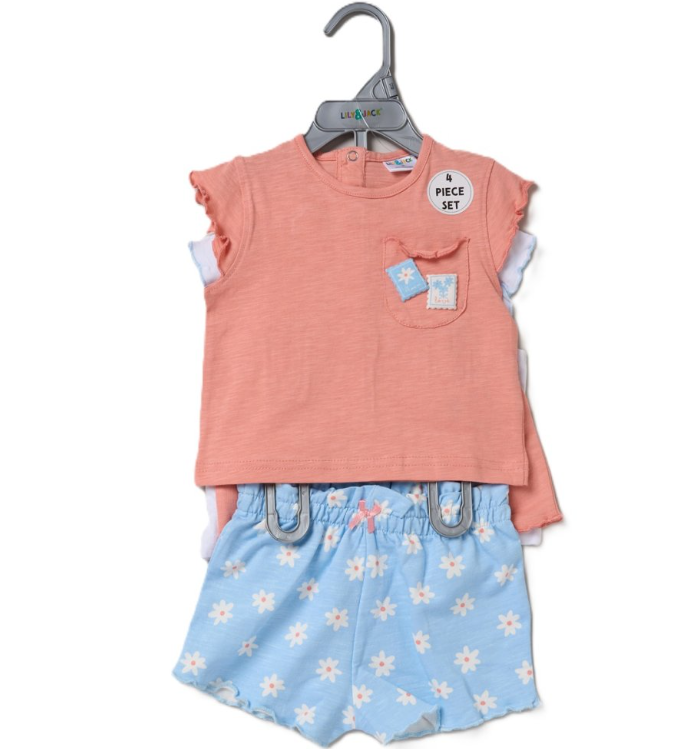 Lily & Jack toddler girls' 4-piece clothing set featuring a coral pink ruffle sleeve t-shirt and blue daisy print shorts on a hanger.