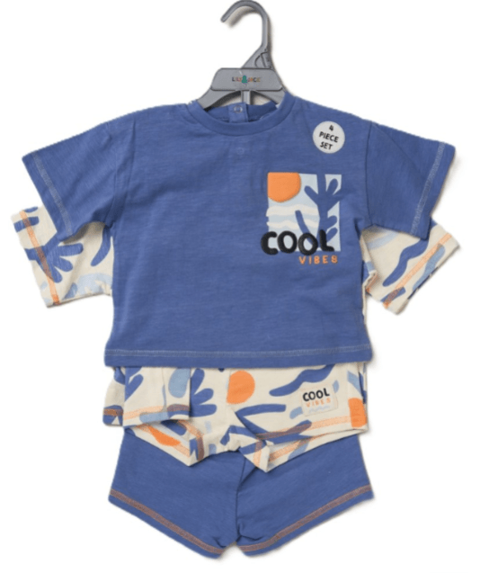 A blue and cream 4-piece infant play set on a plastic hanger featuring "Cool Vibes" graphics and Matisse-inspired abstract patterns on white background.