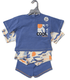A blue and cream 4-piece infant play set on a plastic hanger featuring "Cool Vibes" graphics and Matisse-inspired abstract patterns on white background.