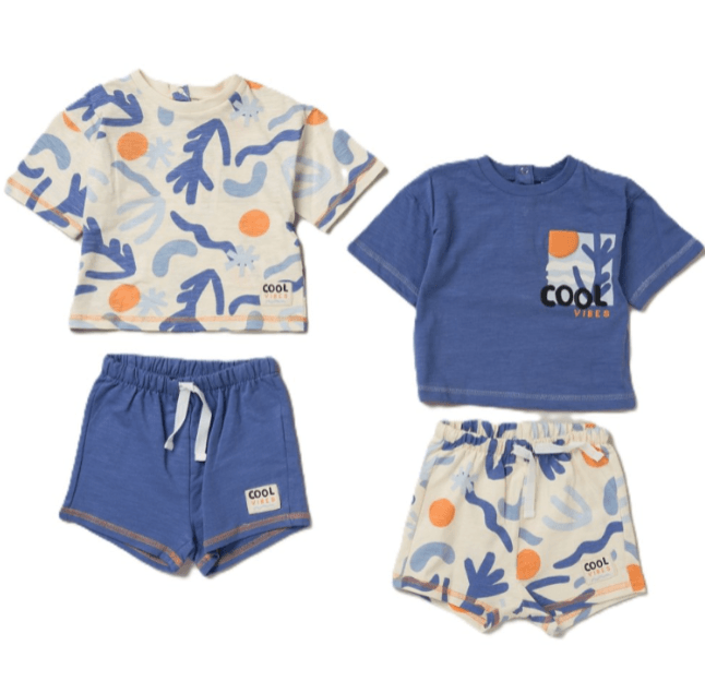 A 4-piece mix-and-match infant clothing set in blue and cream with "Cool Vibes" graphics and abstract patterns