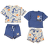 A 4-piece mix-and-match infant clothing set in blue and cream with "Cool Vibes" graphics and abstract patterns