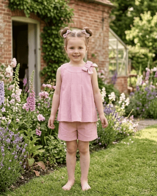 Young girl in a pink dress standing in a garden with flowers and a brick building in the background.