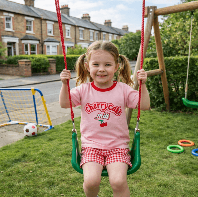 Young girl in a pink 'Cherry Cake Milk' shirt on a swing set in a residential area.
