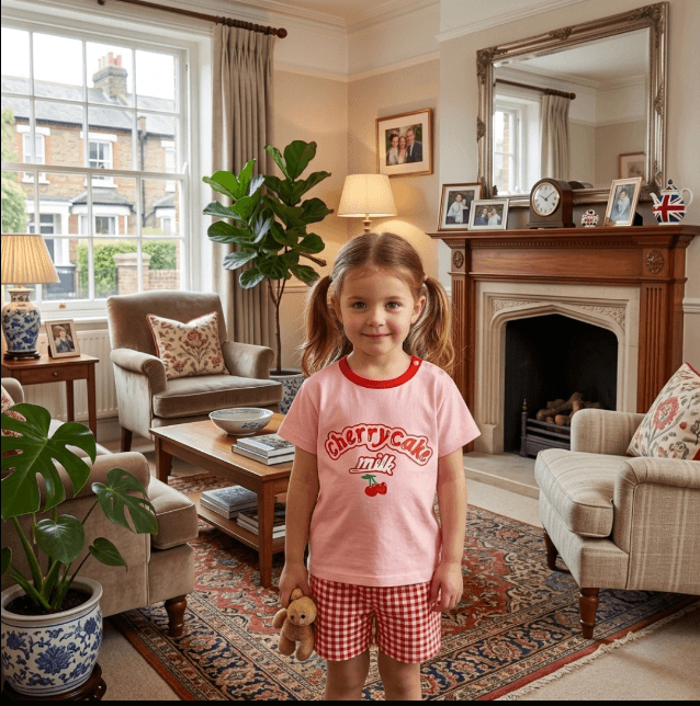 Young girl in a living room wearing a pink 'cherry cake' shirt and red checkered shorts, holding a teddy bear.