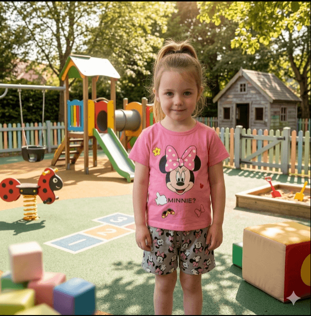 Young girl in a playground wearing a pink Minnie Mouse shirt