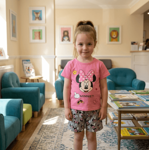 Young girl in a pink Minnie Mouse shirt standing in a colorful room with children's furniture and books