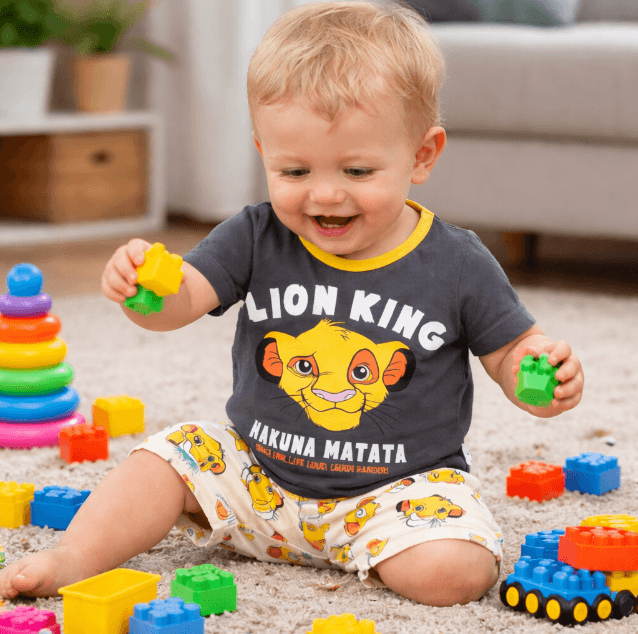 Child playing with toys wearing a 'Lion King' shirt in a living room setting