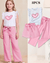 Children's outfit with white top and pink pants, featuring a heart design, on a beige background