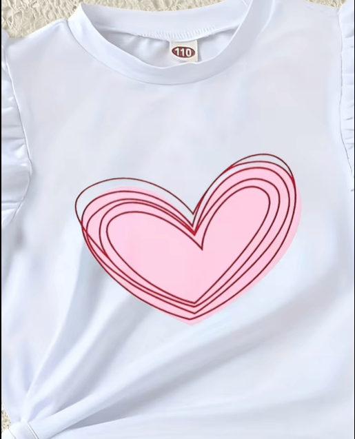 White shirt with a pink heart design on a light background
