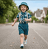 Child running on a street wearing a blue hat, floral shirt, suspenders, and shorts.