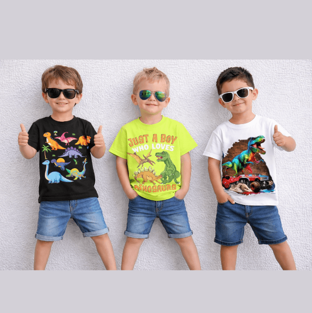 Three children wearing dinosaur-themed t-shirts and sunglasses against a white background