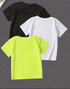 Three t-shirts in black, white, and green on a textured gray background