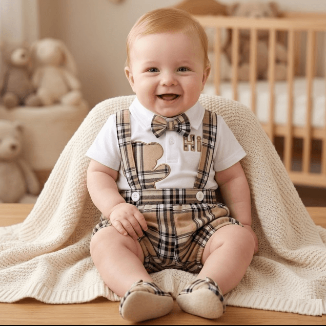 Baby wearing a plaid outfit with suspenders and a bow tie, sitting on a wooden floor.