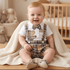 Baby wearing a plaid outfit with suspenders and a bow tie, sitting on a wooden floor.