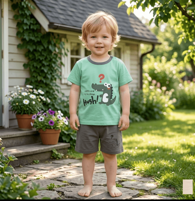 Child wearing a green shirt with a crocodile graphic in a garden setting