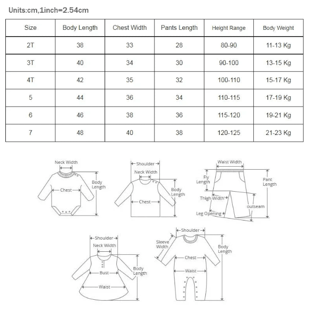 Size chart for children's clothing with measurements and weight ranges.