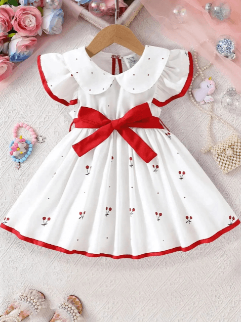 White dress with red trim and bow on a hanger against a soft pink background