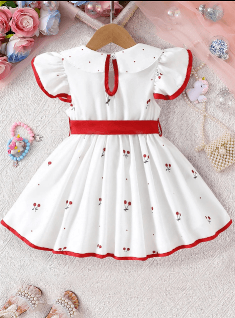 White dress with red trim on a hanger against a decorative background