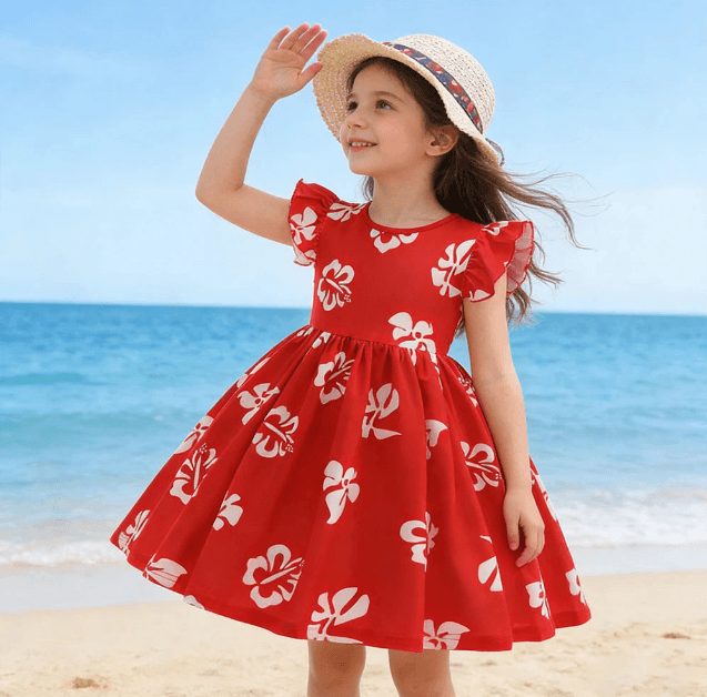 Young girl in a red dress with white floral patterns on a beach.