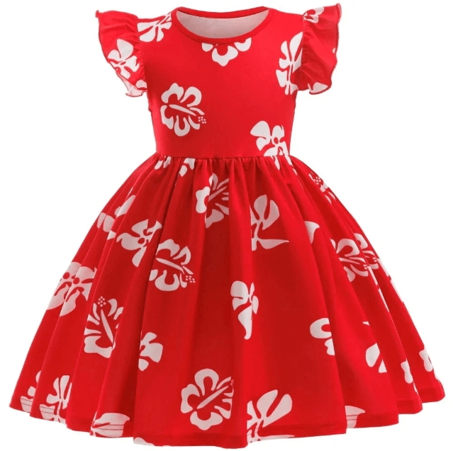 Red dress with white floral patterns on a white background