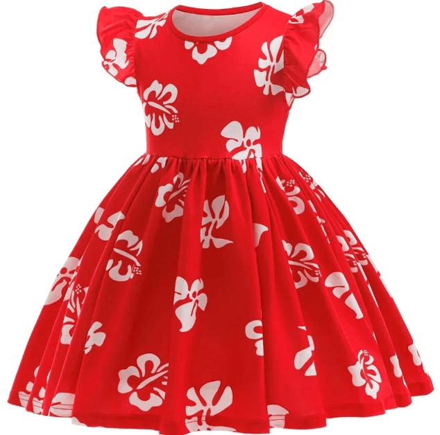 Red dress with white floral patterns on a white background