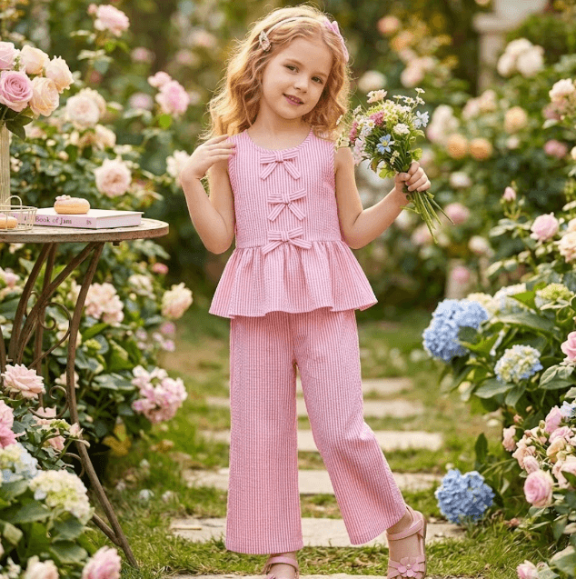 Young girl in a pink outfit holding flowers in a garden setting