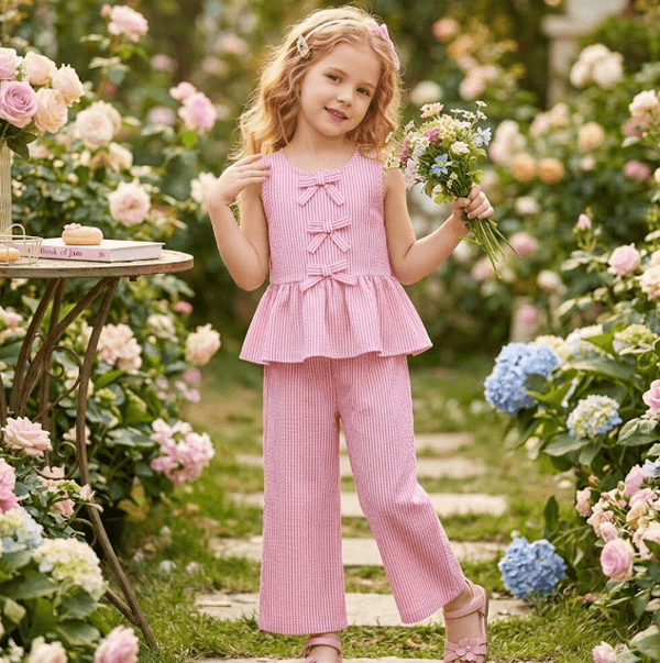 Young girl in a pink outfit holding flowers in a garden setting