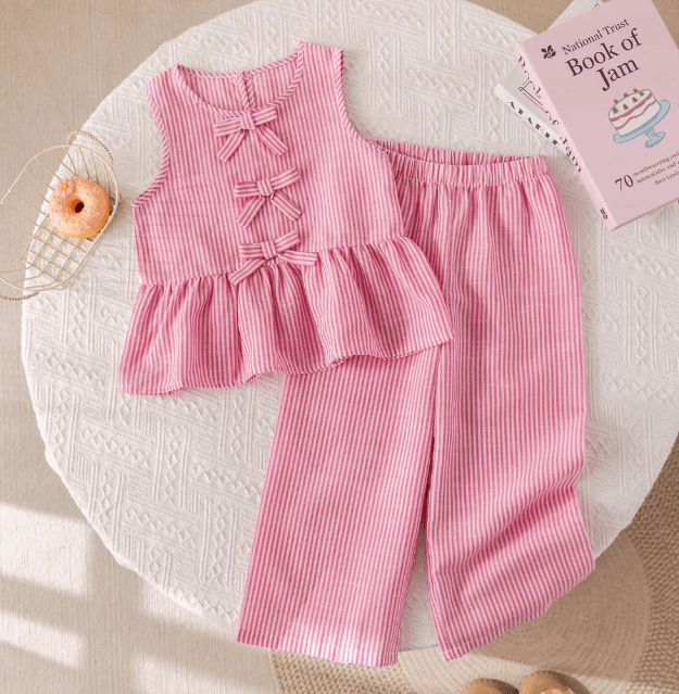 Pink striped children's outfit on a textured surface with a book and donut.
