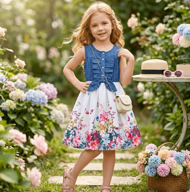 Young girl in a floral dress standing in a garden with flowers and a table in the background.