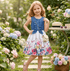 Young girl in a floral dress standing in a garden with flowers and a table in the background.