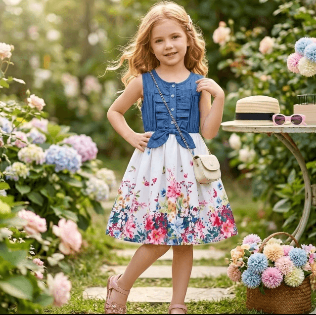 Young girl in a floral dress standing in a garden with flowers and a table in the background.
