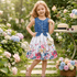 Young girl in a floral dress standing in a garden with flowers and a table in the background.