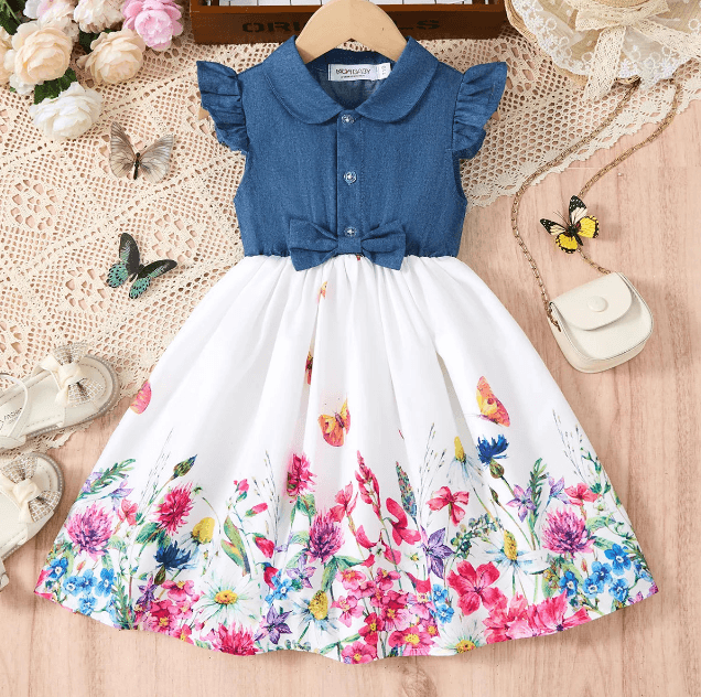Children's dress with blue top and floral skirt on a textured surface with flowers and butterflies.