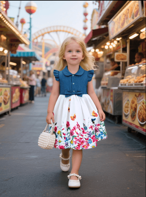Young girl in a blue top and floral skirt at an amusement park.